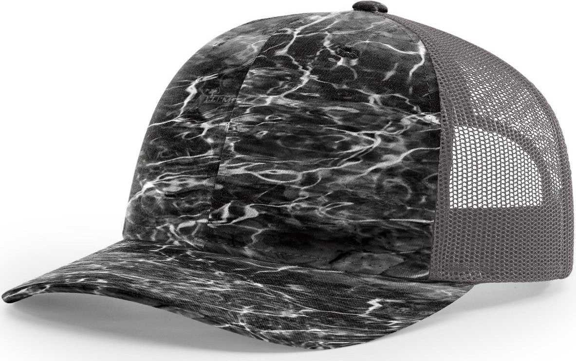 Richardson 112P Patterned Snapback Trucker Caps- Mossy Oak Elements Blacktip Charcoal | HIT a Double