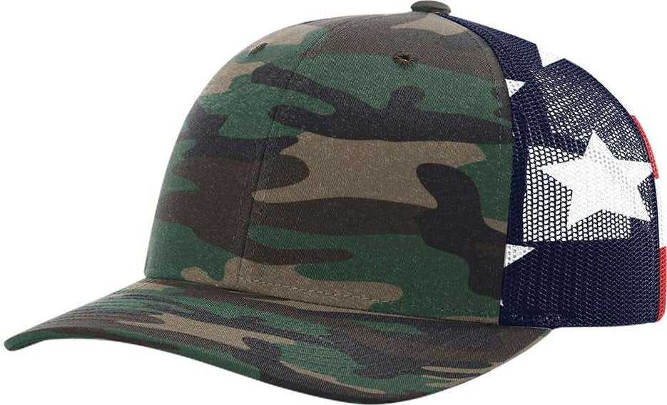 Richardson 112PM Printed Mesh-Back Trucker Caps- Green Camo Stars & Stripes | HIT a Double