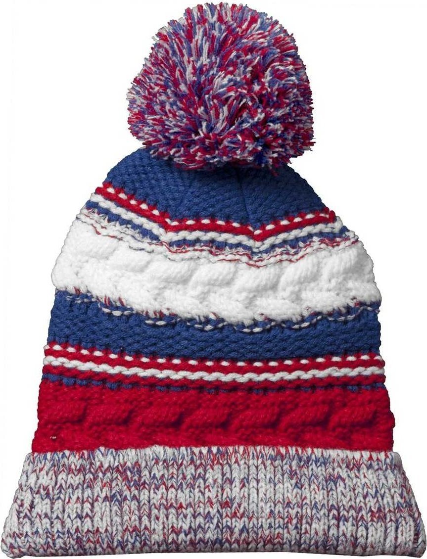 Sport-Tek STC21 Pom Pom Team Beanie - True Red True Royal White | HIT a Double