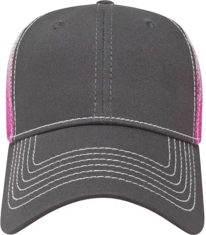 Cap America I1076 Gradient Screen Print Trucker Mesh Back Cap - Charcoal Pink White - Charcoal Pink White / One Size