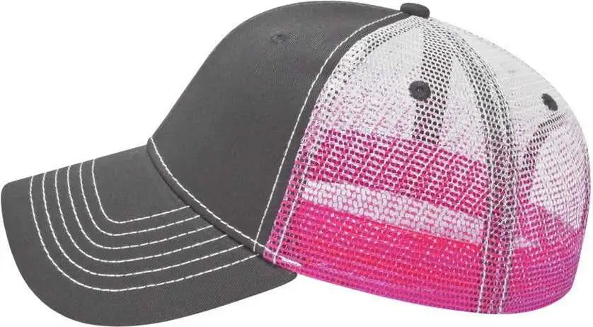 Cap America I1076 Gradient Screen Print Trucker Mesh Back Cap - Charcoal Pink White - Charcoal Pink White / One Size