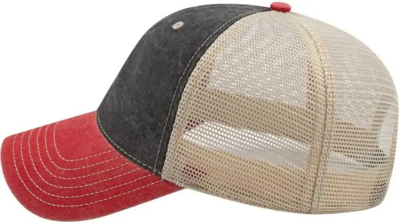 Cap America I3027 Washed Pigment Dyed with Washed Mesh Cap - Black Red Stone - Black Red Ivory / One Size Fits Most