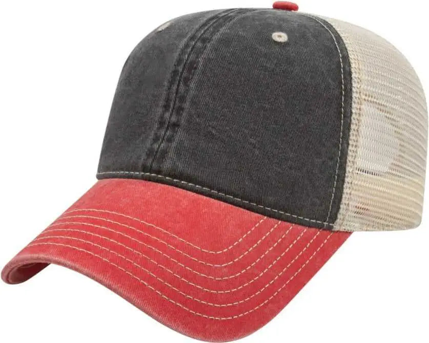 Cap America I3027 Washed Pigment Dyed with Washed Mesh Cap Black Red Stone Black Red Ivory / One Size Fits Most