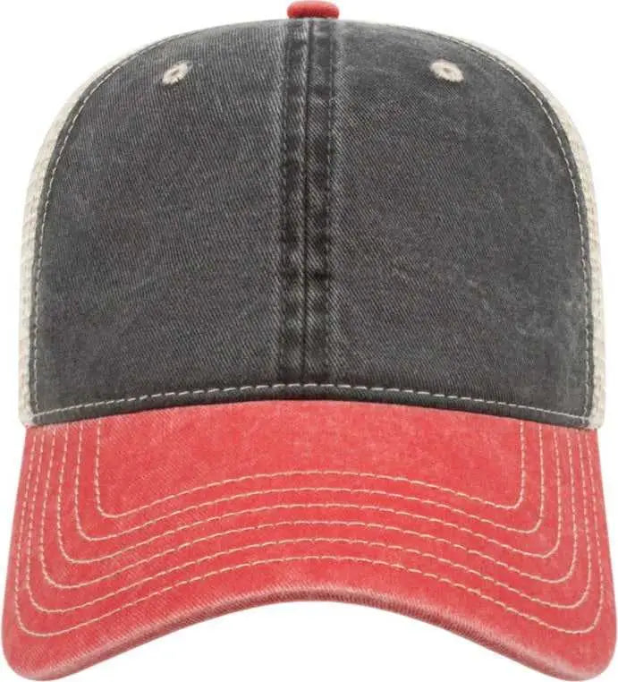 Cap America I3027 Washed Pigment Dyed with Washed Mesh Cap - Black Red Stone - Black Red Ivory / One Size Fits Most