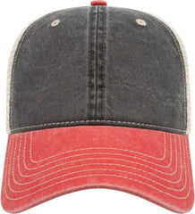 Cap America I3027 Washed Pigment Dyed with Washed Mesh Cap Black Red Stone Black Red Ivory / One Size Fits Most