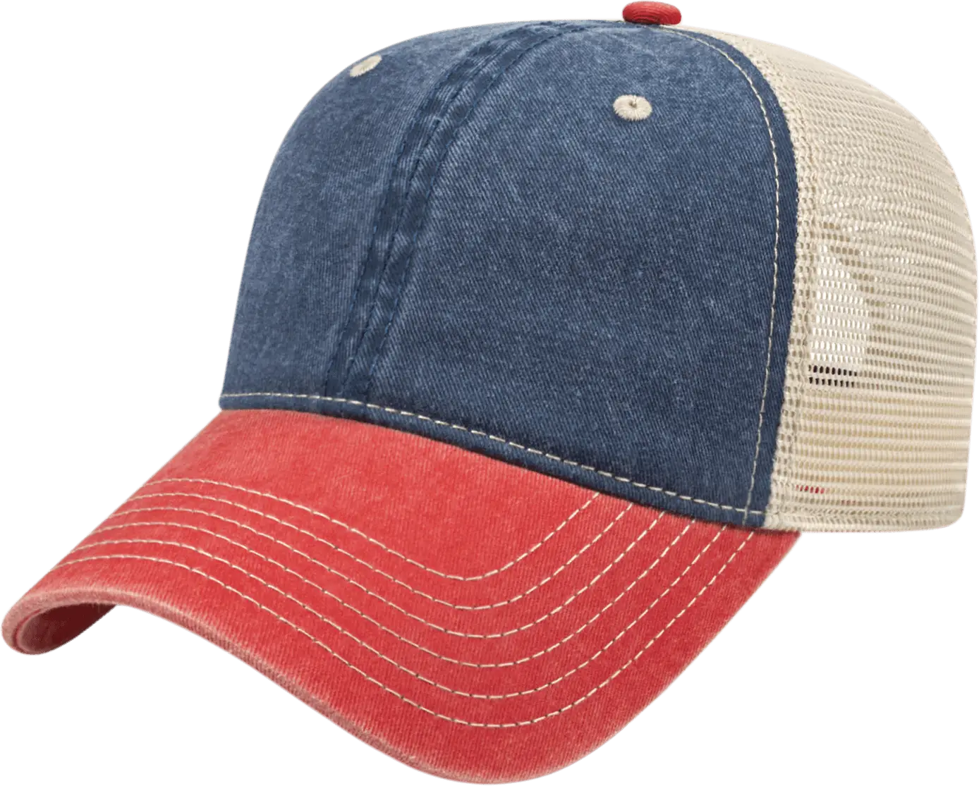 Cap America I3027 Washed Pigment Dyed with Washed Mesh Cap - Navy Red Stone - Navy Red / One Size Fits Most