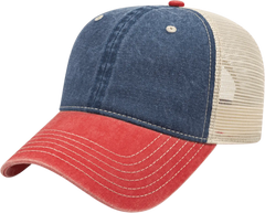Cap America I3027 Washed Pigment Dyed with Washed Mesh Cap - Navy Red Stone - Navy Red / One Size Fits Most