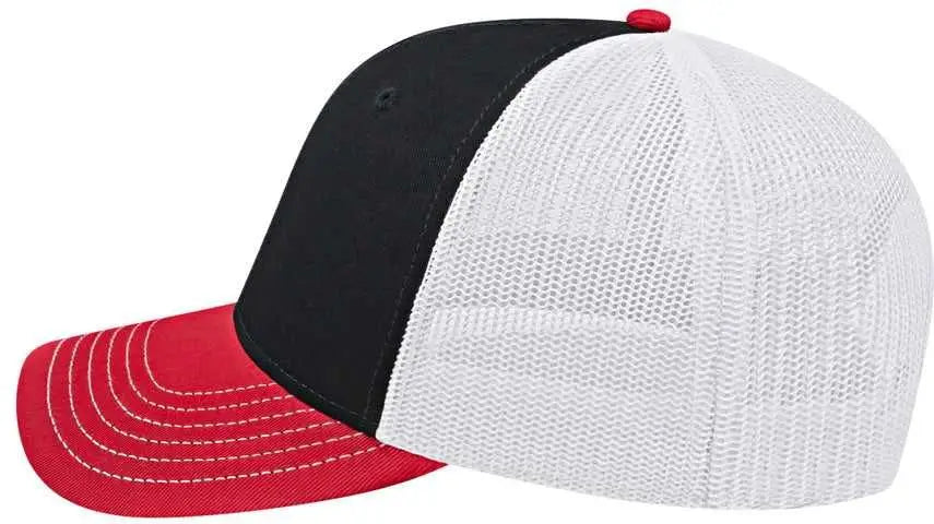 Cap America I3028 Modified Flat Bill with Mesh Back Cap - Black Red White - Black Red White / One Size Fits Most