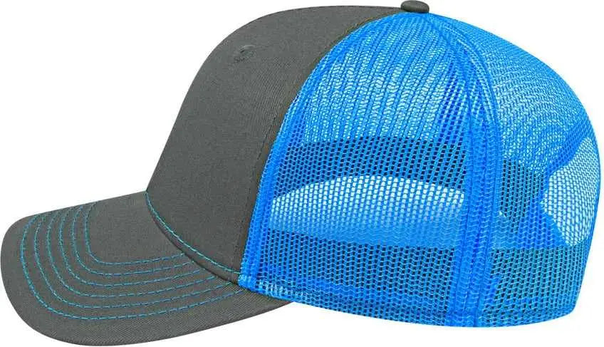 Cap America I3028 Modified Flat Bill with Mesh Back Cap - Charcoal Neon Blue - Dark Gray Blue / One Size Fits Most