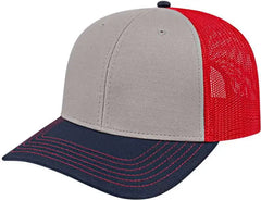 Cap America I3028 Modified Flat Bill with Mesh Back Cap - Gray Navy Red - Gray Navy Red / One Size Fits Most