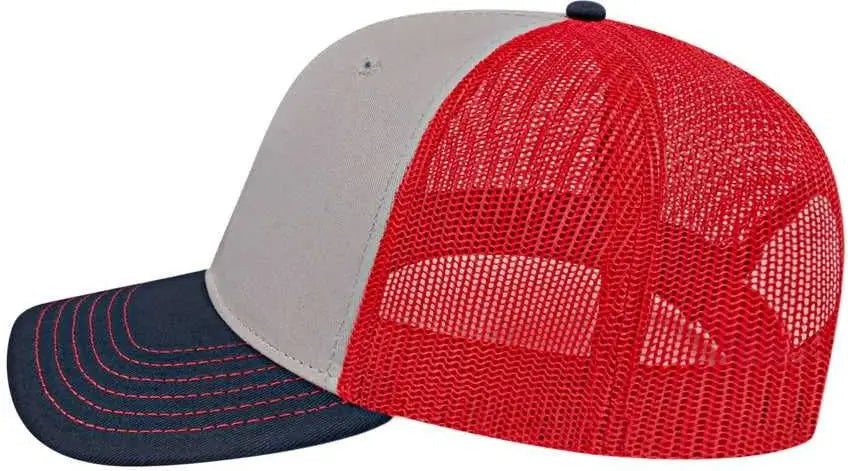 Cap America I3028 Modified Flat Bill with Mesh Back Cap - Gray Navy Red - Gray Navy Red / One Size Fits Most