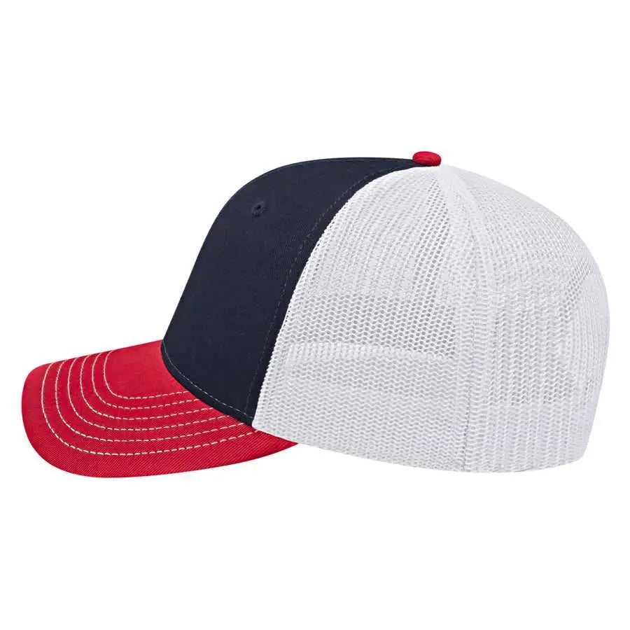 Cap America I3028 Modified Flat Bill with Mesh Back Cap - Navy Red White - Navy Red / One Size Fits Most