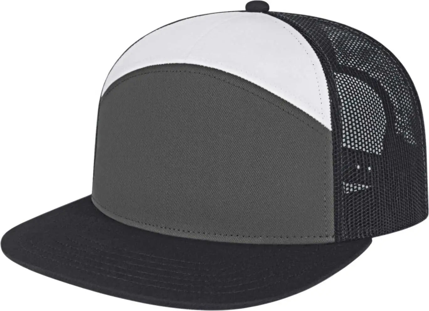 Cap America i3057 7 Panel Trucker Mesh Back Cap White Charcoal Black White Charcoal Black / One Size Fits Most