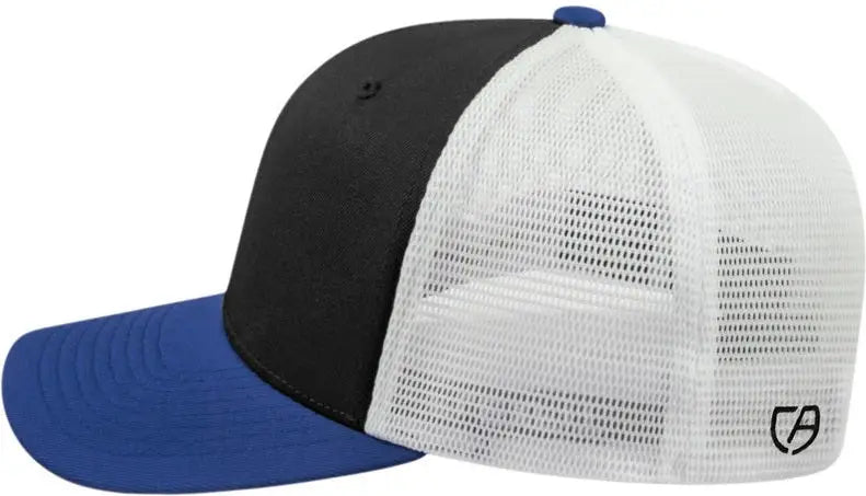 Cap America i8502 Flexfit 110 Trucker Mesh Back Cap - Black Royal White - Black Royal / One Size Fits Most