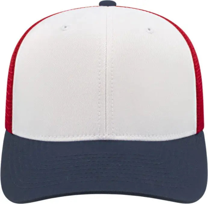 Cap America i8502 Flexfit 110 Trucker Mesh Back Cap - White Navy Red - White Navy / One Size Fits Most