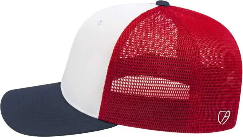 Cap America i8502 Flexfit 110 Trucker Mesh Back Cap - White Navy Red - White Navy / One Size Fits Most