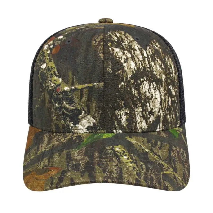 Cap America i8511 Flexfit 110 Camo Trucker Mesh Back Cap - Mossy Oak Break Up Black - Mossy Oak Black / One Size Fits