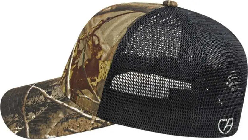 Cap America i8511 Flexfit 110 Camo Trucker Mesh Back Cap - Realtree AP Black - Realtree Black / One Size Fits Most