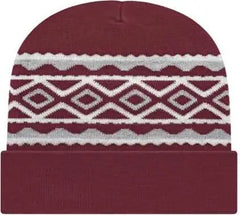 Cap America RKD12 Diamond Pattern Knit Cap with Cuff Beanie - Maroon - Maroon / One Size Fits Most
