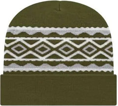 Cap America RKD12 Diamond Pattern Knit Cap with Cuff Beanie - Olive - Olive / One Size Fits Most