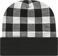 Cap America RKP12 USA Made Plaid Knit Cap with Cuff Beanie - True White Black - White Black / One Size Fits Most