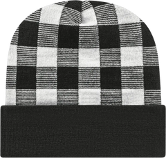 Cap America RKP12 USA Made Plaid Knit Cap with Cuff Beanie - True White Black - White Black / One Size Fits Most