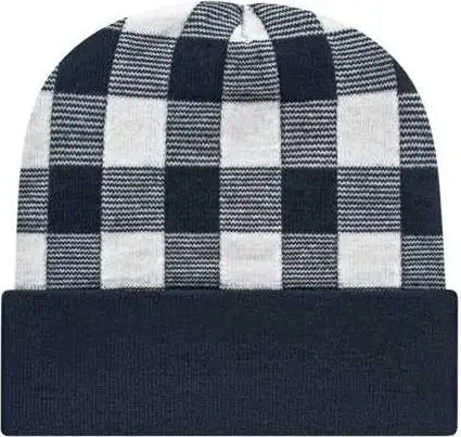 Cap America RKP12 USA Made Plaid Knit Cap with Cuff Beanie - White True Navy - White Navy / One Size Fits Most