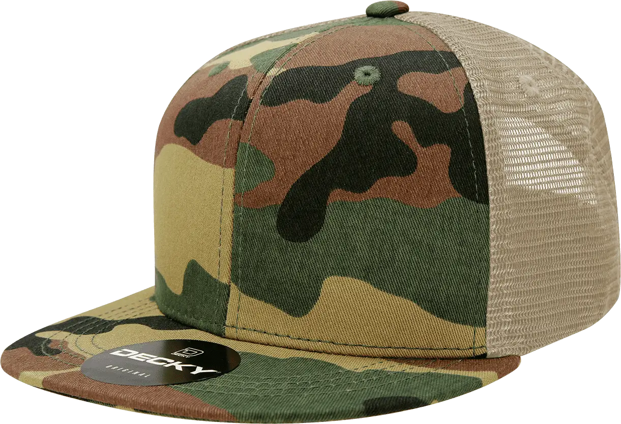 Decky 1055 Cotton Flat Bill Trucker Cap Woodland Camo Khanki Woodland Khanki / One Size Fits Most