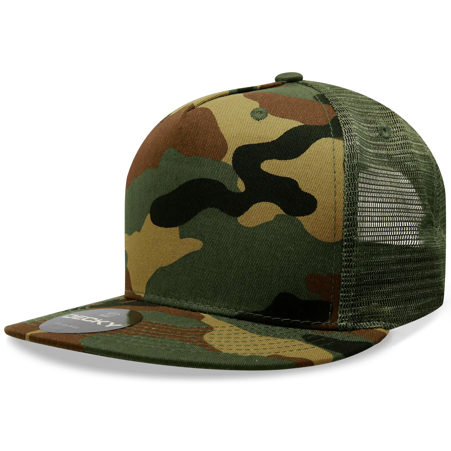 Decky 1063 10 Panel Flat Bill Trucker Cap - Woodland Camo - Woodland Camo / One Size Fits Most