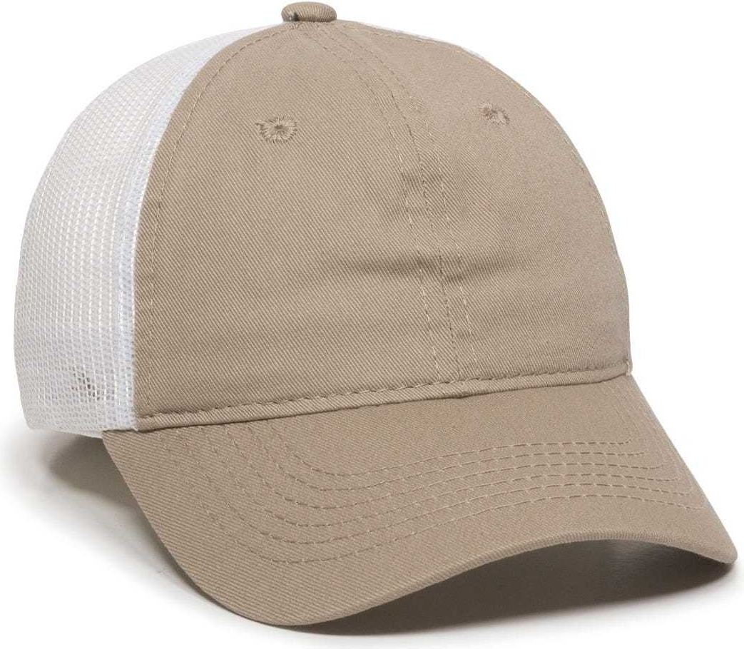 OC Sports FWT-130 Garment Wash Mesh Back Baseball Cap - Khaki White | HIT a Double