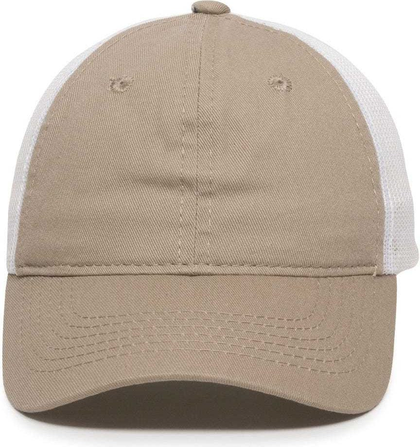 OC Sports FWT-130 Garment Wash Mesh Back Baseball Cap - Khaki White | HIT a Double