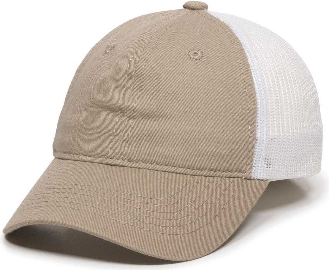OC Sports FWT-130 Garment Wash Mesh Back Baseball Cap - Khaki White | HIT a Double