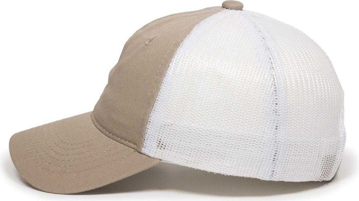 OC Sports FWT-130 Garment Wash Mesh Back Baseball Cap - Khaki White | HIT a Double