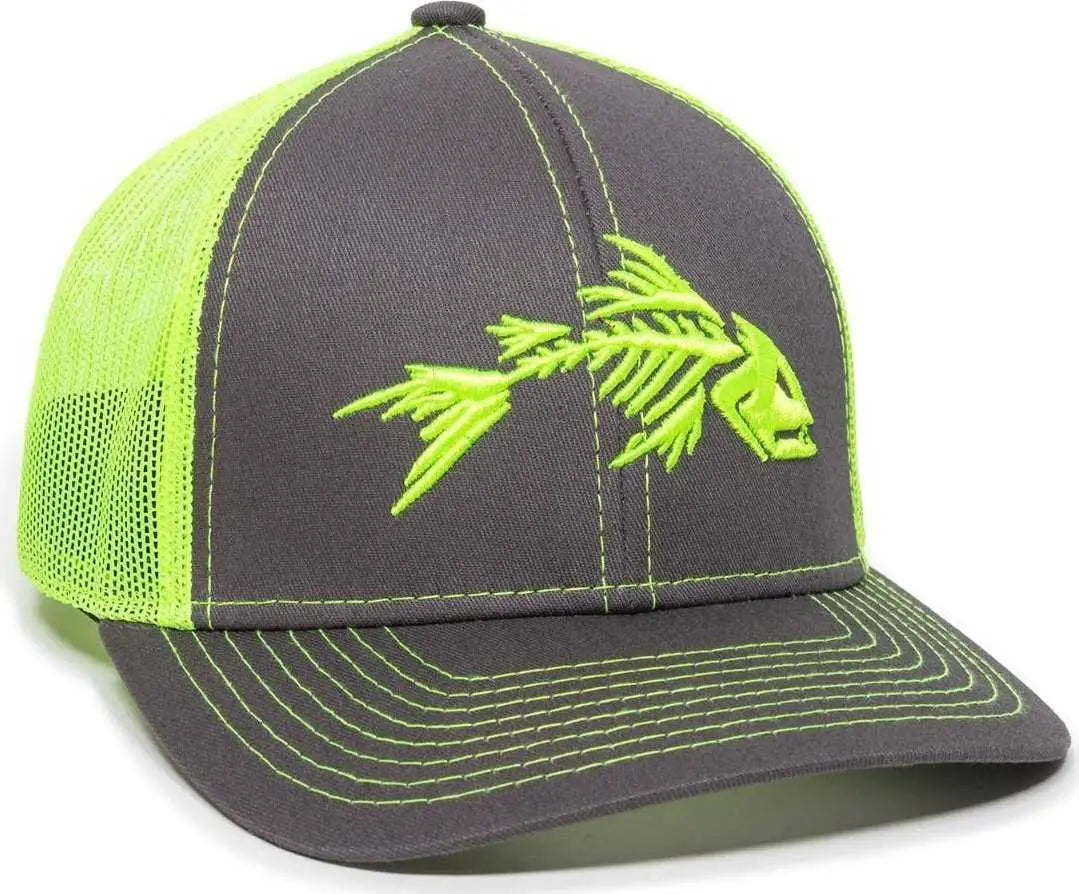 OC Sports BON-800 Fishing Adjustable Mesh Back Cap - Charcoal Neon Yellow - Dark Gray Yellow / 6 7/8’’ - 7 1/2’’