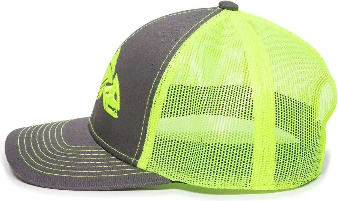 OC Sports BON-800 Fishing Adjustable Mesh Back Cap - Charcoal Neon Yellow - Dark Gray Yellow / 6 7/8’’ - 7 1/2’’