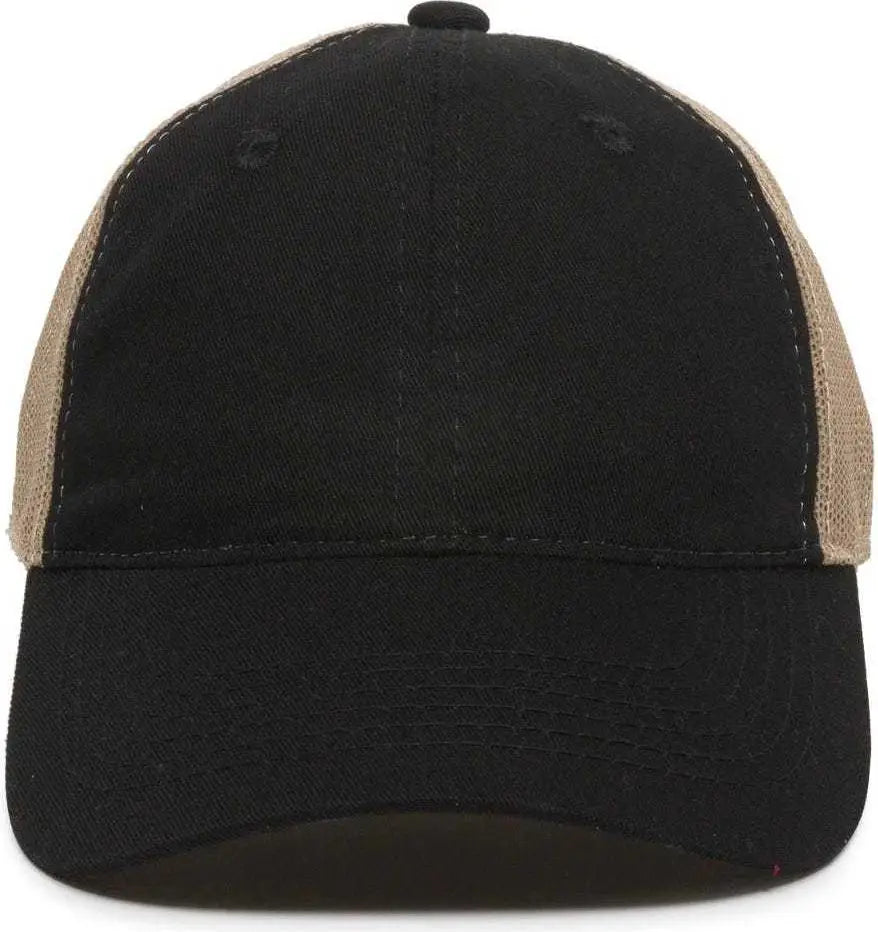 OC Sports FWT-130 Garment Wash Mesh Back Baseball Cap - Black Tan - Black Tan / 6 7/8’’ - 7 1/2’’