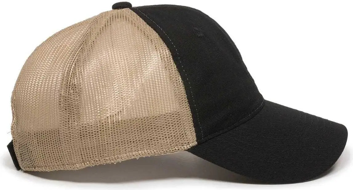 OC Sports FWT-130 Garment Wash Mesh Back Baseball Cap - Black Tan - Black Tan / 6 7/8’’ - 7 1/2’’