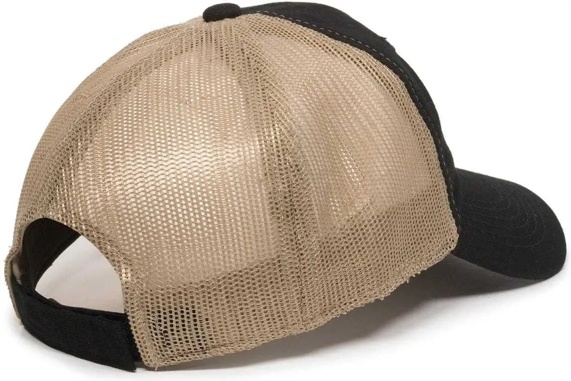 OC Sports FWT-130 Garment Wash Mesh Back Baseball Cap - Black Tan - Black Tan / 6 7/8’’ - 7 1/2’’