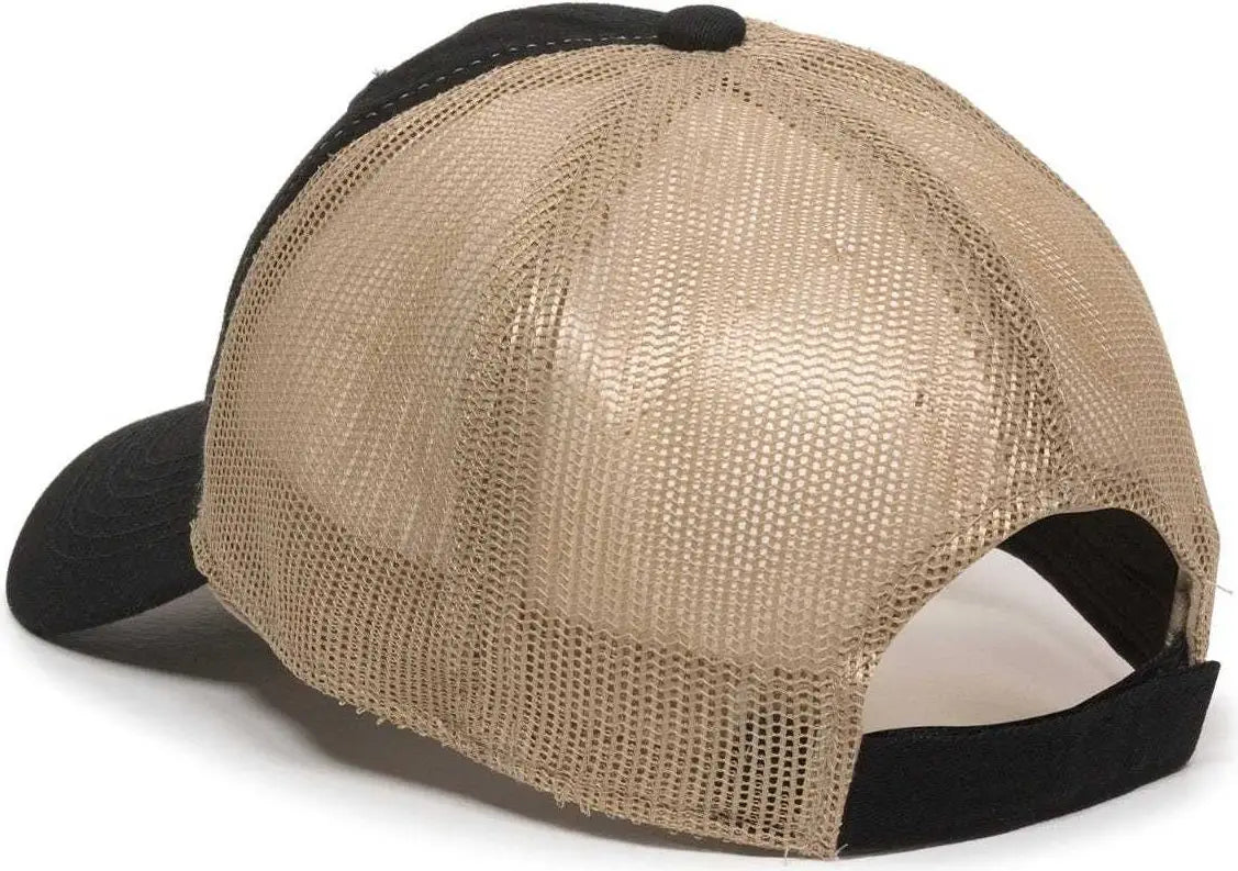 OC Sports FWT-130 Garment Wash Mesh Back Baseball Cap - Black Tan - Black Tan / 6 7/8’’ - 7 1/2’’