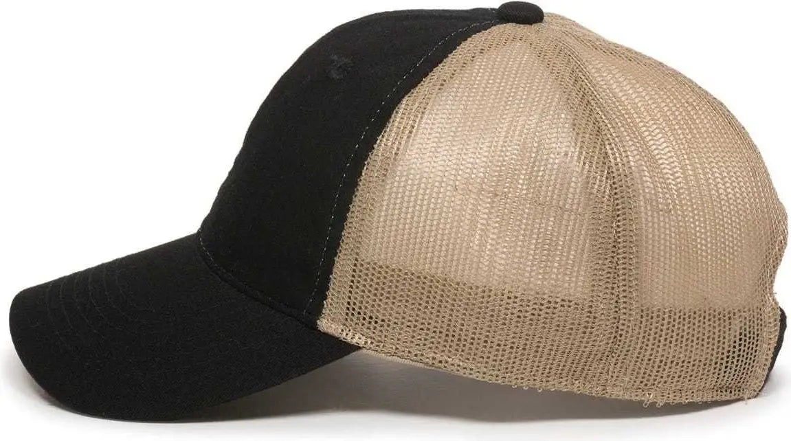 OC Sports FWT-130 Garment Wash Mesh Back Baseball Cap - Black Tan - Black Tan / 6 7/8’’ - 7 1/2’’