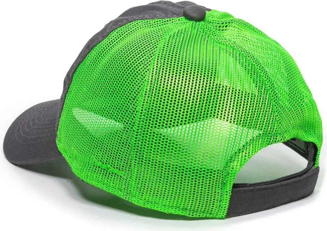 OC Sports FWT-130 Garment Wash Mesh Back Baseball Cap - Charcoal Neon Green - Dark Gray Green / 6 7/8’’ - 7 1/2’’