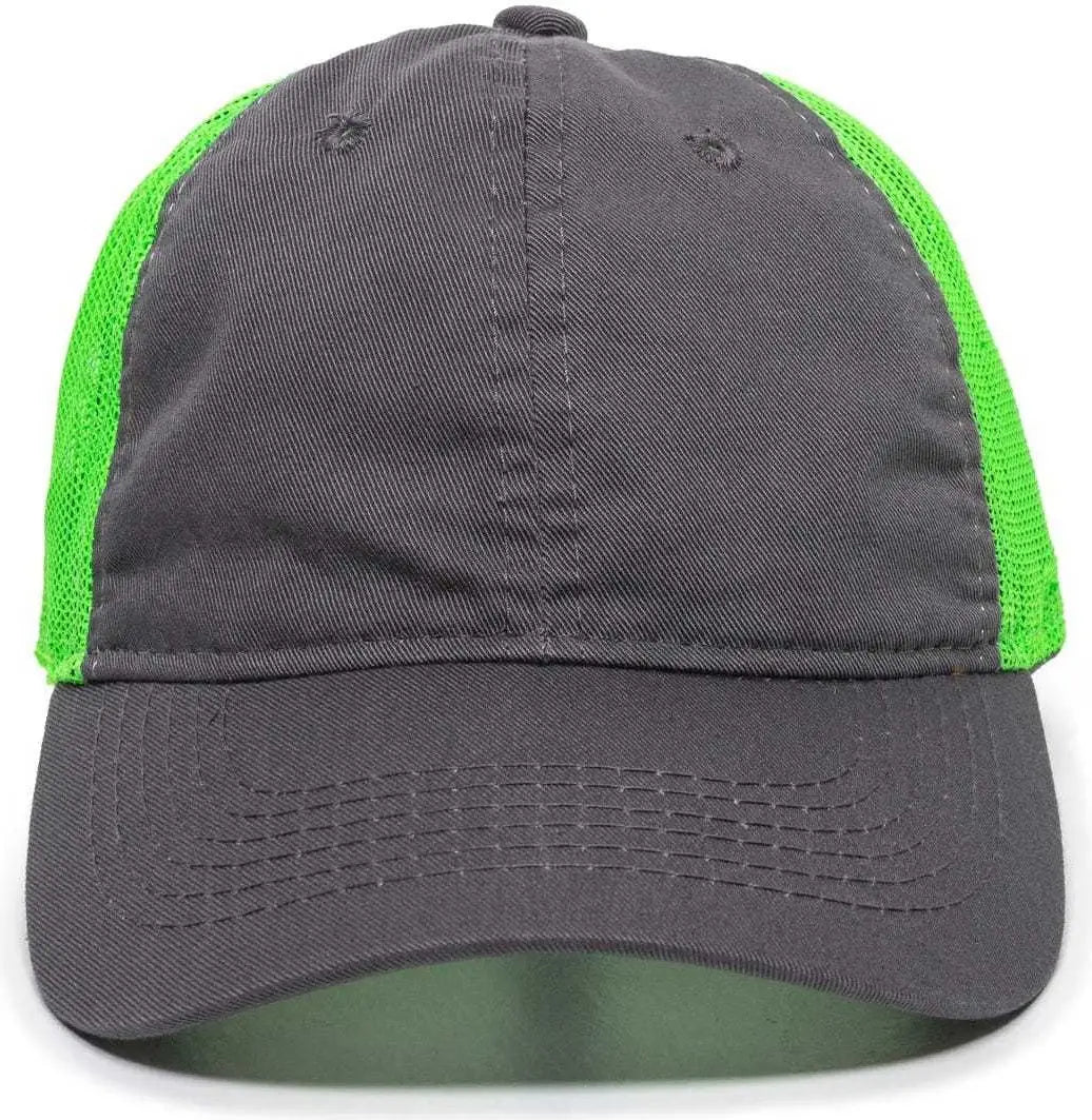 OC Sports FWT-130 Garment Wash Mesh Back Baseball Cap - Charcoal Neon Green - Dark Gray Green / 6 7/8’’ - 7 1/2’’