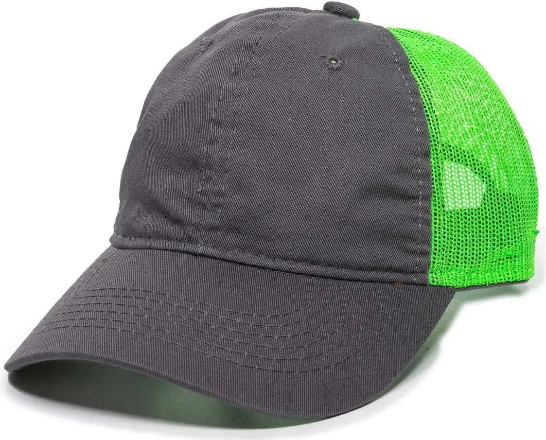 OC Sports FWT-130 Garment Wash Mesh Back Baseball Cap - Charcoal Neon Green - Dark Gray Green / 6 7/8’’ - 7 1/2’’