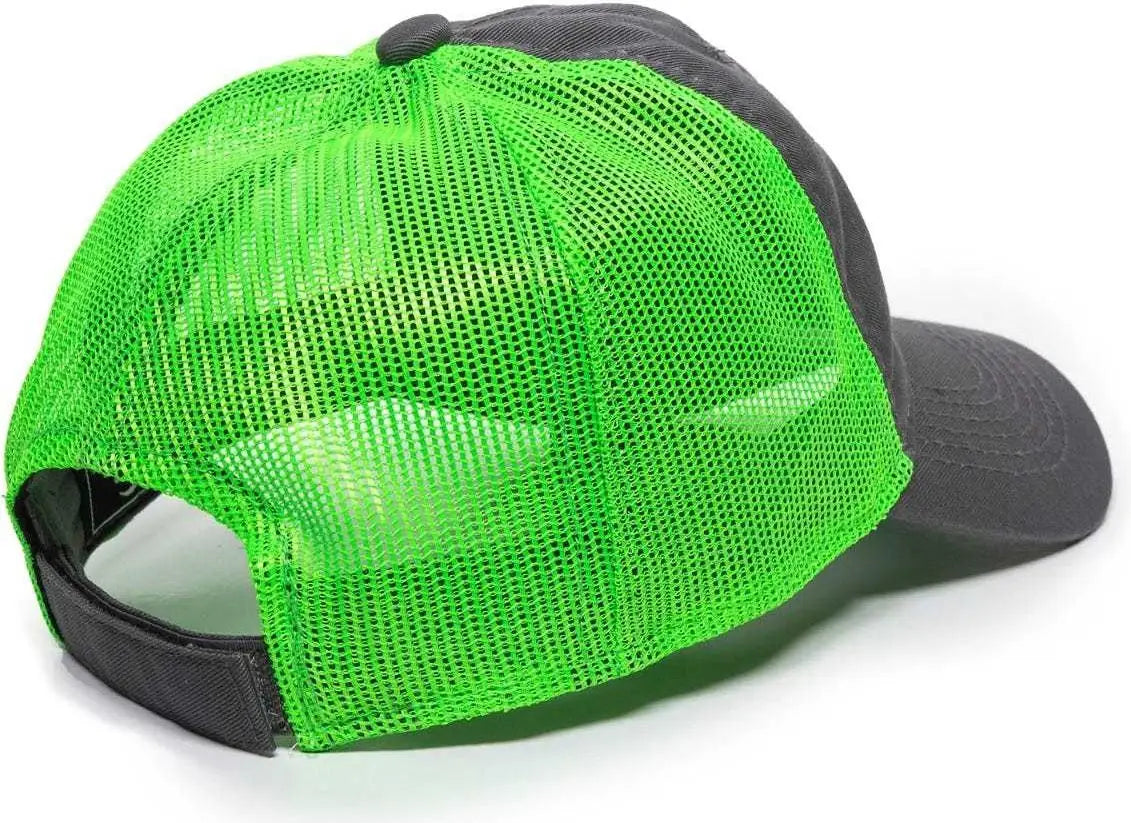 OC Sports FWT-130 Garment Wash Mesh Back Baseball Cap - Charcoal Neon Green - Dark Gray Green / 6 7/8’’ - 7 1/2’’