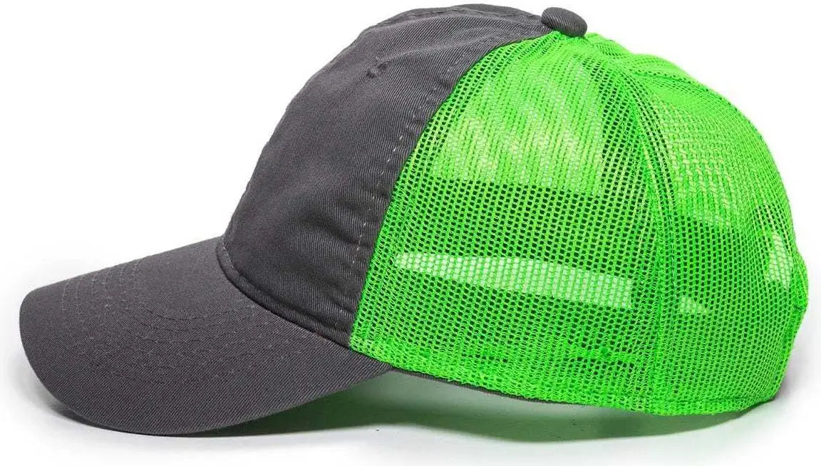 OC Sports FWT-130 Garment Wash Mesh Back Baseball Cap - Charcoal Neon Green - Dark Gray Green / 6 7/8’’ - 7 1/2’’