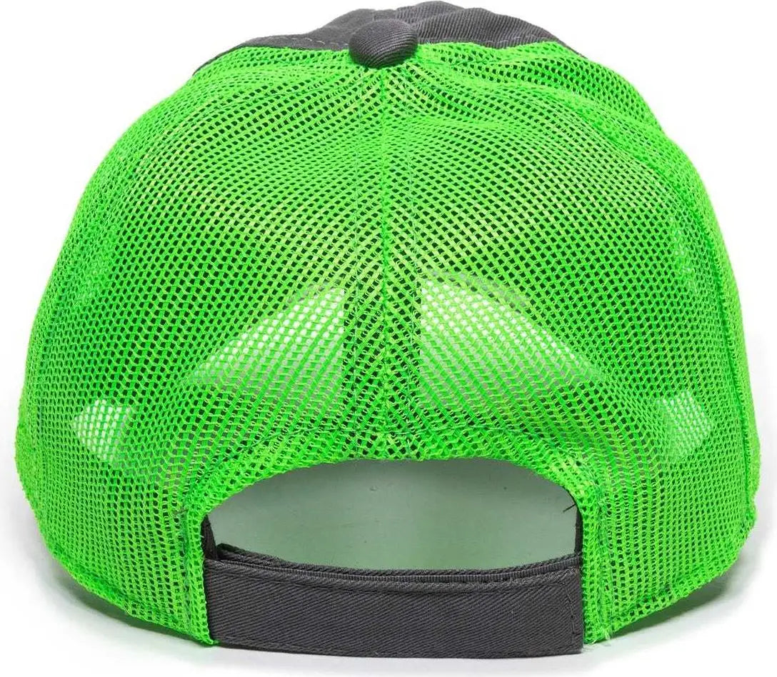 OC Sports FWT-130 Garment Wash Mesh Back Baseball Cap - Charcoal Neon Green - Dark Gray Green / 6 7/8’’ - 7 1/2’’