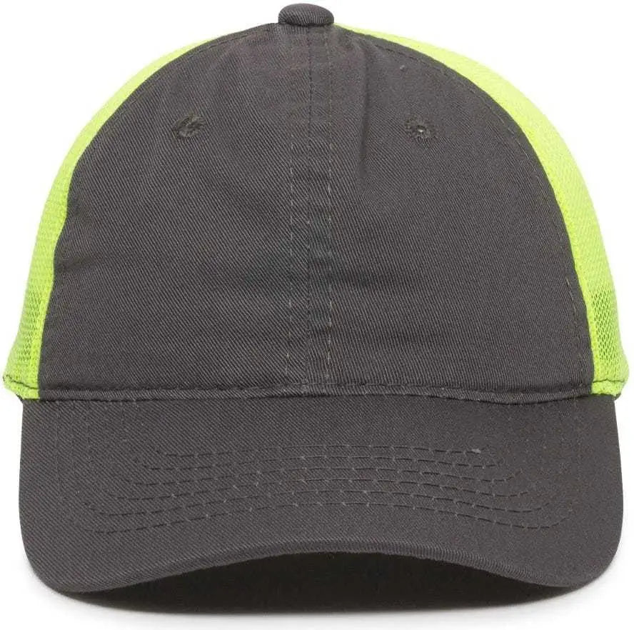 OC Sports FWT-130 Garment Wash Mesh Back Baseball Cap - Charcoal Neon Yellow