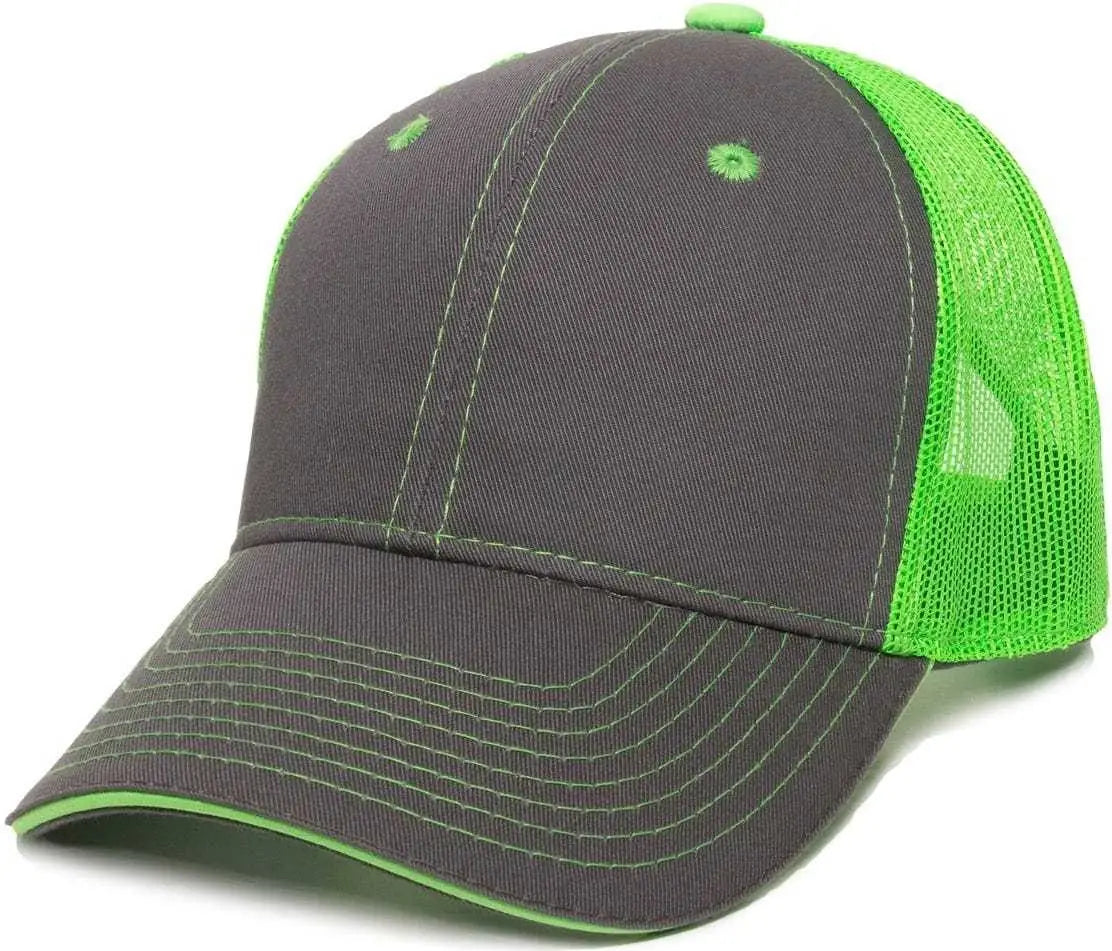 OC Sports GWT-101M Adjustable Mesh Back Cap - Charcoal Neon Green - Dark Gray Green / 6 7/8’’ - 7 1/2’’