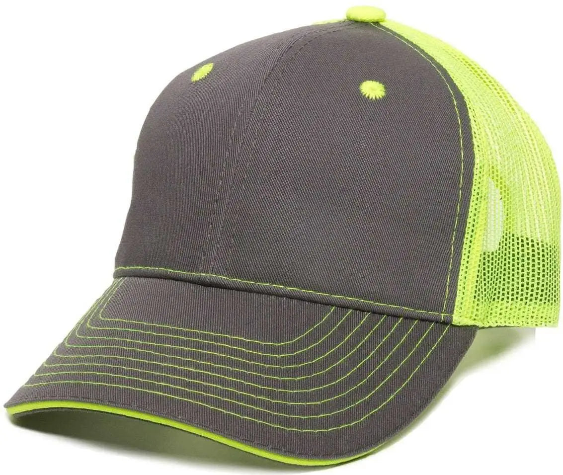 OC Sports GWT-101M Adjustable Mesh Back Cap - Charcoal Neon Yellow - Dark Gray Yellow / 6 7/8’’ - 7 1/2’’