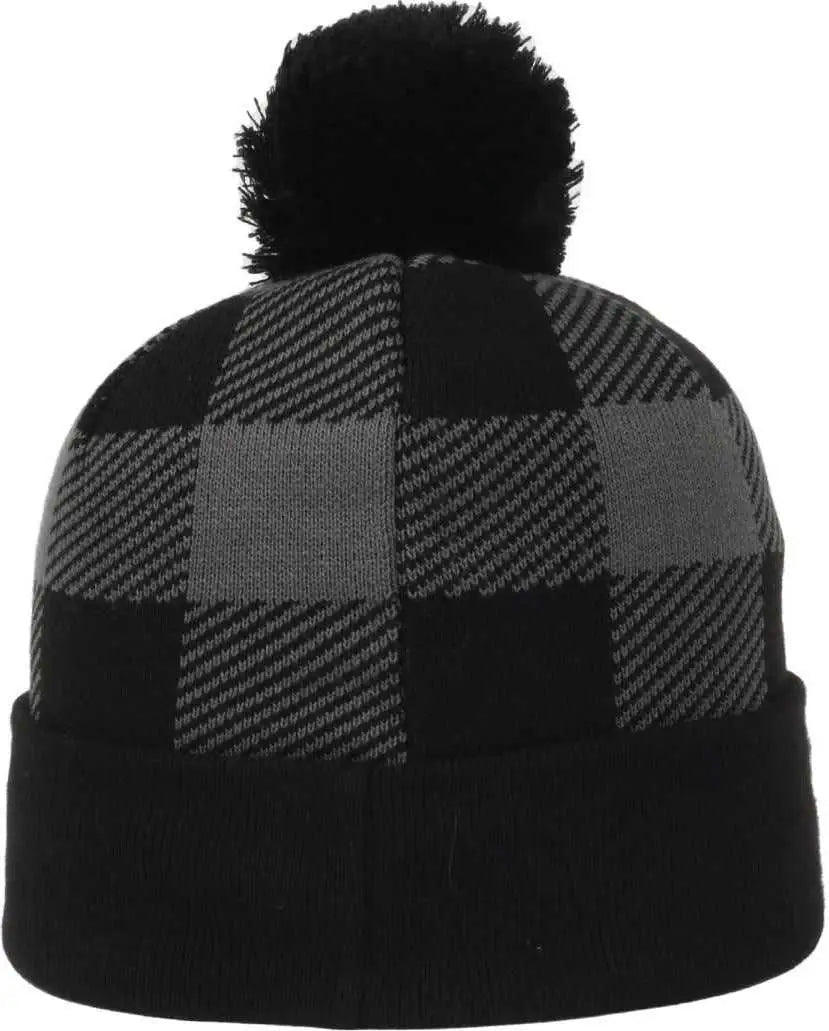 OC Sports KNF-PLD Plaid Watch Beanier with Pom - Black Charcoal - Dark Gray / OSFM